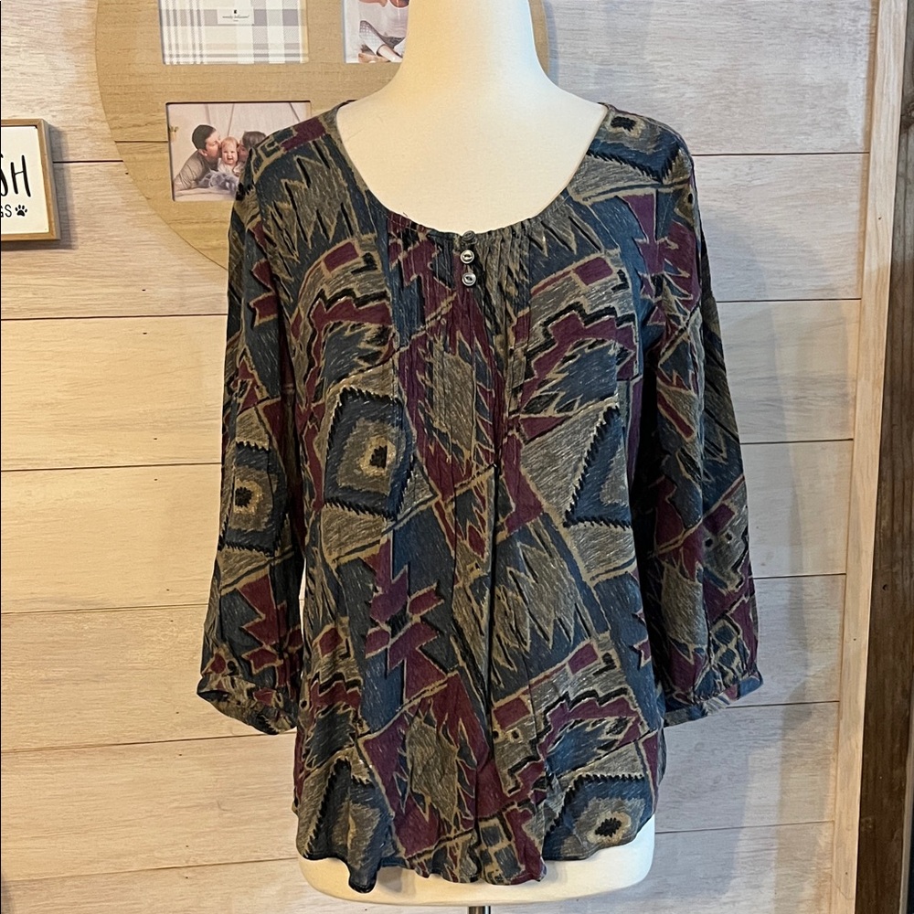 Lauren Ralph Lauren Geometric Print Blouse in Blue and Maroon M